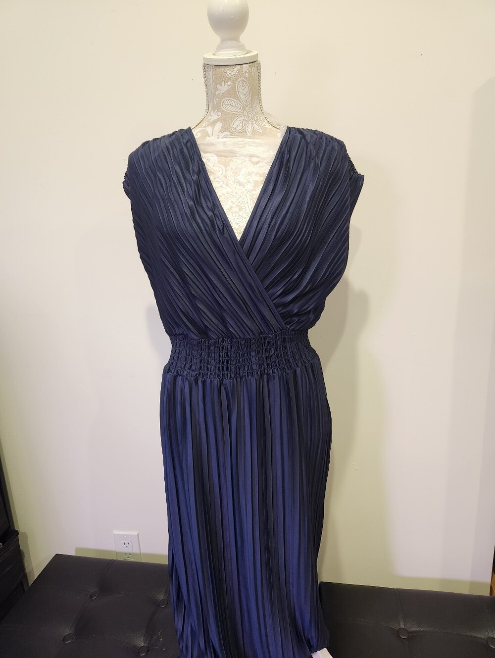 DKNY Navy Pleated V-Neck Maxi Dress